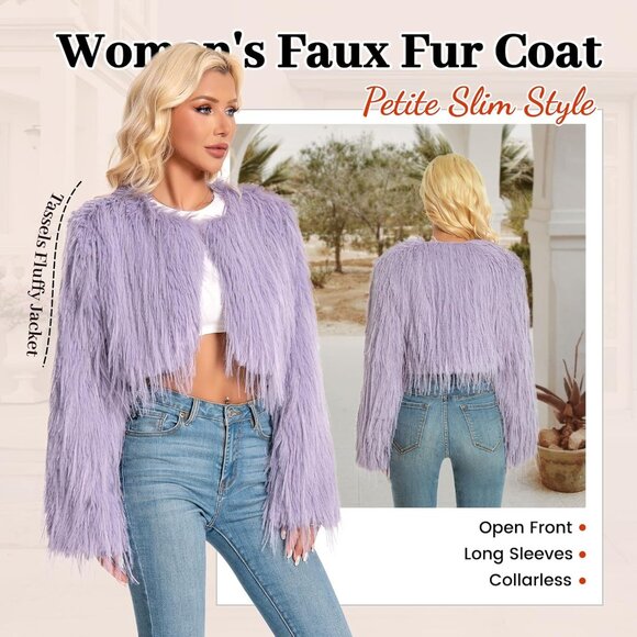 Women's Faux Fur Coat Purple Grey Slim Cropped Fuzzy Fluffy Fall Winter Jacket - Picture 4 of 5